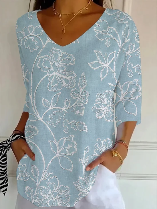 Casual Floral V Neck Three Quarter Sleeve T-shirt