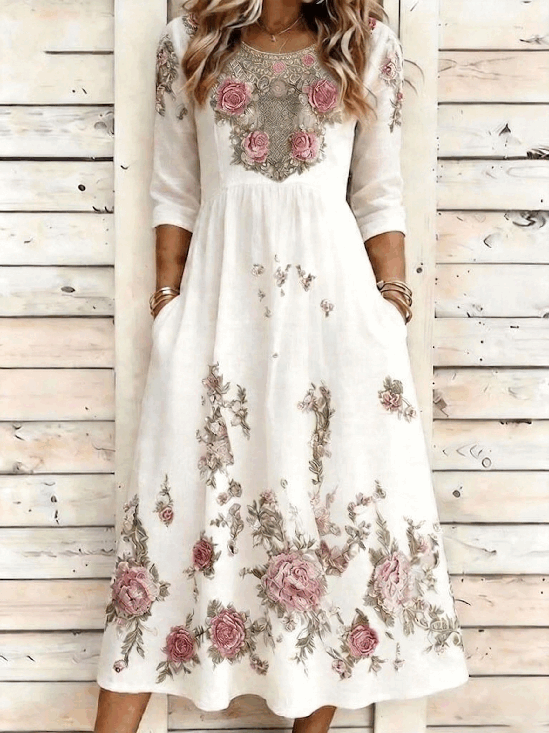 Women Floral Summer Dress Crew
                                    Neck Half Sleeve A-Line Dress