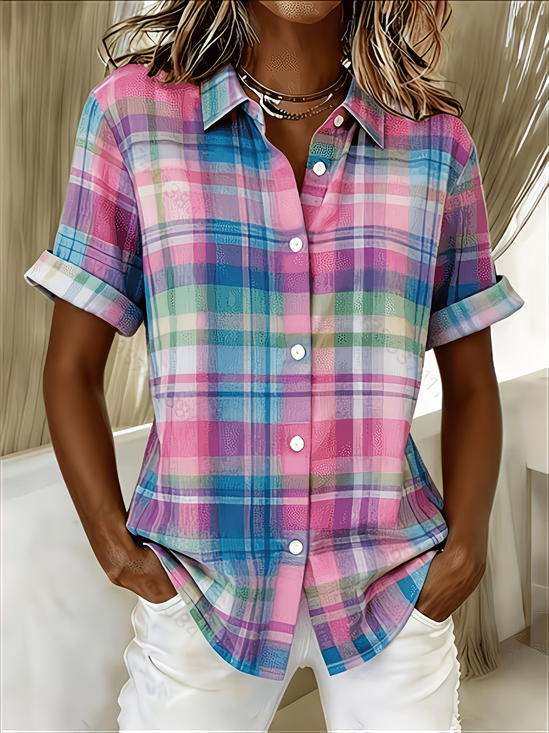 Shirt Collar Short Sleeve Plaid Printing Regular Micro-Elasticity Loose Button Up Shirt Shirt For Women
