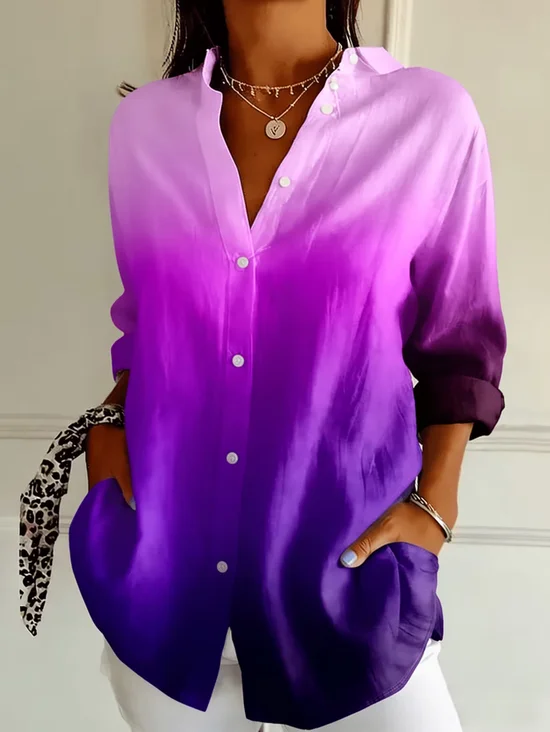 Shirt Collar Regular Sleeve Long Sleeve Ombre Buckle Regular Loose Button Up Shirt Shirt For Women