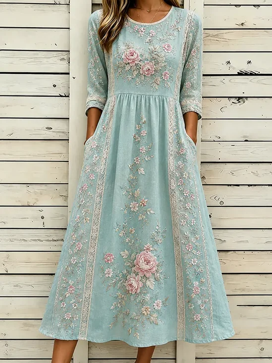 Women Floral Summer Printing
                                    Dress Crew Neck Half Sleeve H-Line
                                    Dress