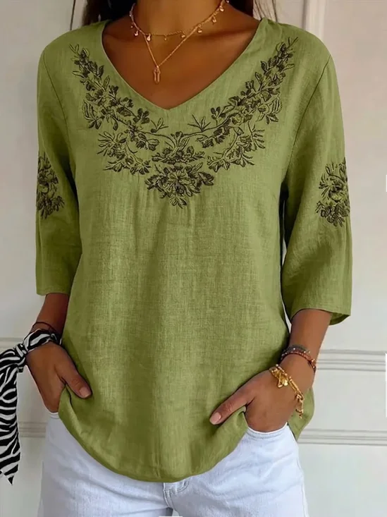 Casual Floral V Neck Three Quarter Sleeve T-shirt