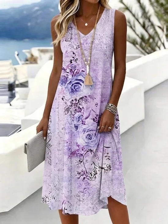 Women Floral Summer Dress V
                                    Neck Sleeveless Tank A-Line Dress