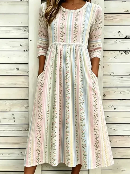 Women Floral Summer Printing
                                    Dress Crew Neck Half Sleeve H-Line
                                    Dress