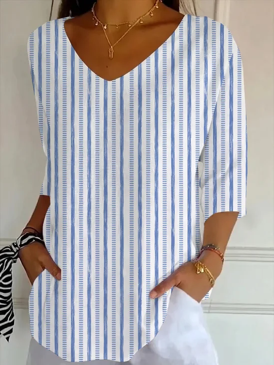 Casual Striped V Neck Three Quarter Sleeve T-shirt
