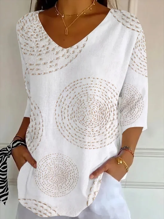 Casual Abstract V Neck Three Quarter Sleeve T-shirt