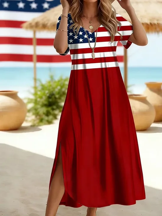 Women Independence Day (Flag) Summer Printing Dress Crew Neck Short Sleeve T-Shirt Dress H-Line Dress