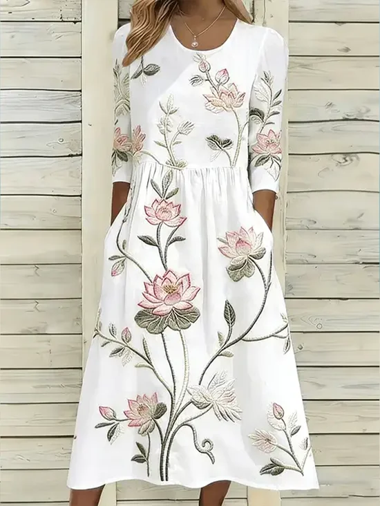 Women Floral Summer Printing
                                    Dress Crew Neck Half Sleeve H-Line
                                    Dress