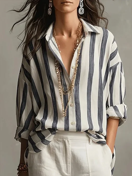 Shirt Collar Regular Sleeve Long Sleeve Striped Buckle Regular Loose Button Up Shirt Shirt For Women