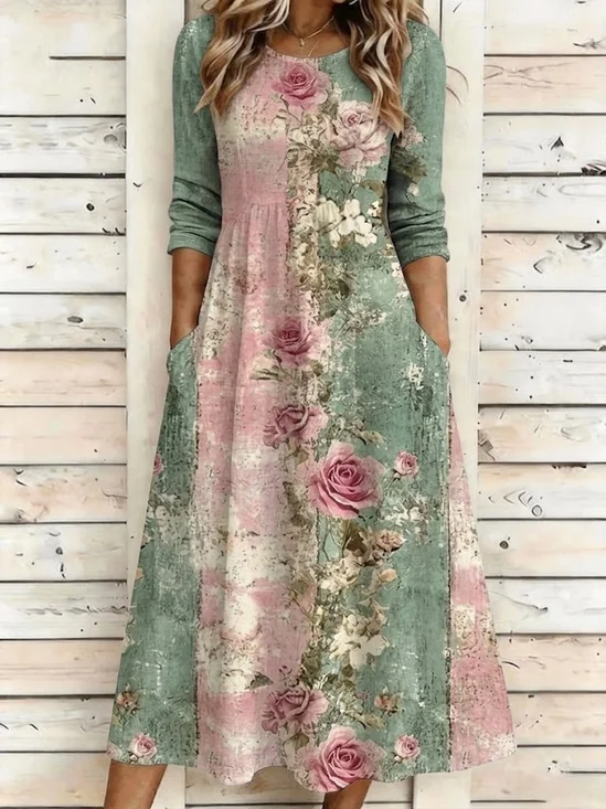 Women Floral Summer Dress Crew
                                    Neck Half Sleeve A-Line Dress