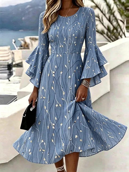 Women Floral Bell Sleeve Summer
                                    Dress V Neck Half Sleeve A-Line
                                    Dress