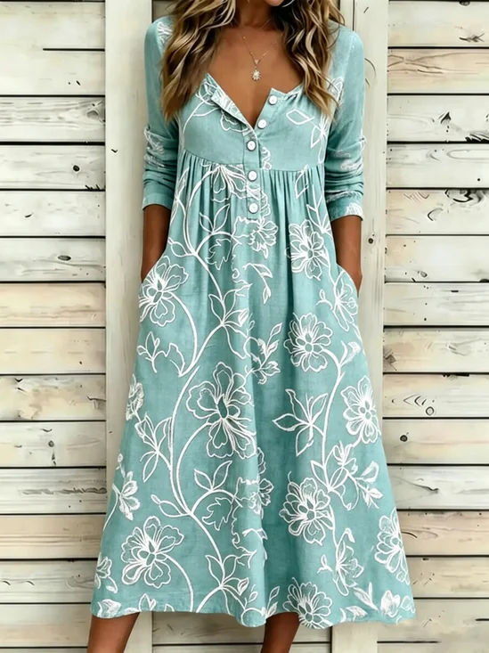 Women Floral Summer Dress Half Open Collar Half Sleeve A-Line Dress
