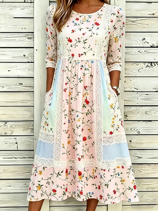 Women Floral Summer Printing
                                    Dress Crew Neck Half Sleeve H-Line
                                    Dress