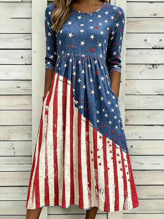 Women Independence Day (Flag)
                                    Summer Printing Dress Crew Neck Half
                                    Sleeve H-Line Dress