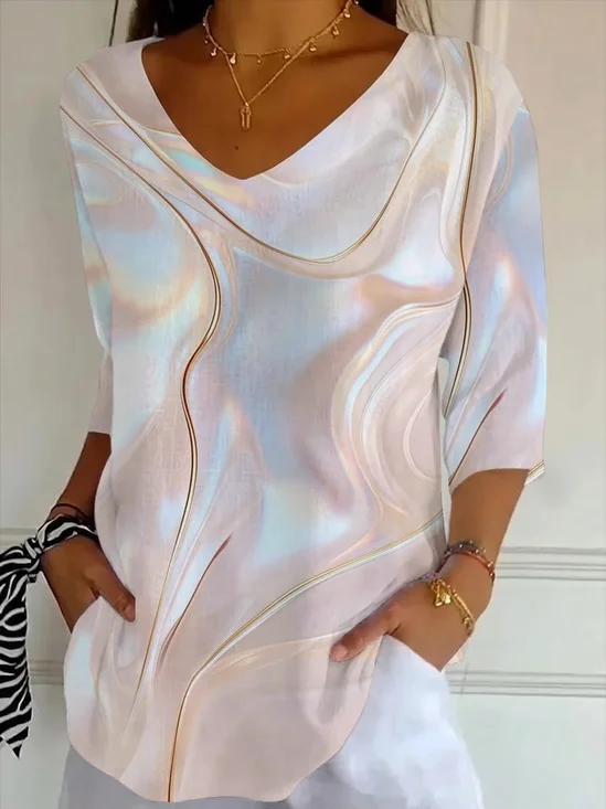 Casual Abstract V Neck Three Quarter Sleeve T-shirt