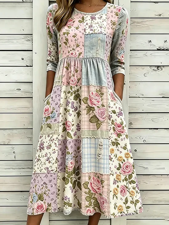 Women Floral Summer Printing
                                    Dress Crew Neck Half Sleeve H-Line
                                    Dress