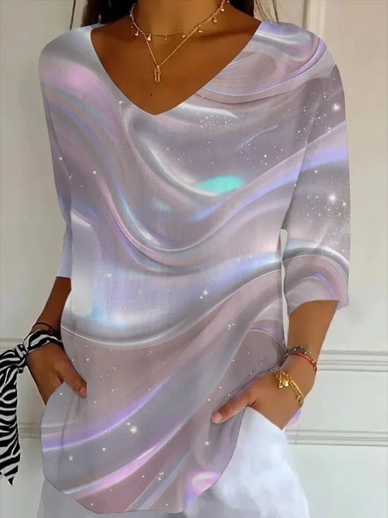 Casual Abstract V Neck Three Quarter Sleeve T-shirt