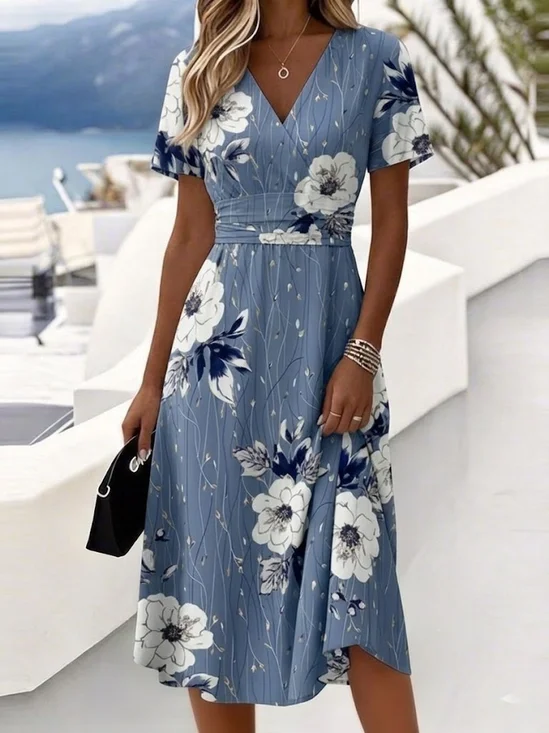 Women Floral Summer Dress V
                                    Neck Short Sleeve A-Line Dress