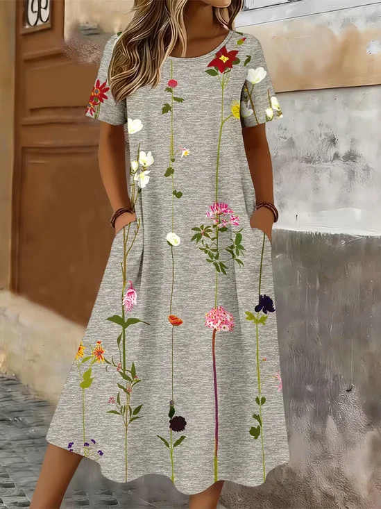 Women Floral Summer Printing
                                    Dress Crew Neck Short Sleeve T-Shirt
                                    Dress H-Line Dress
