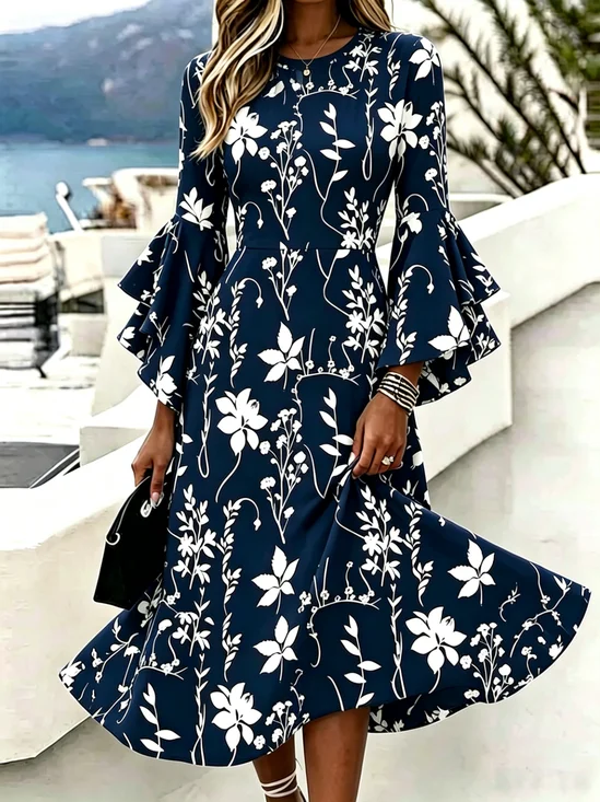 Women Floral Bell Sleeve Summer
                                    Dress V Neck Half Sleeve A-Line
                                    Dress