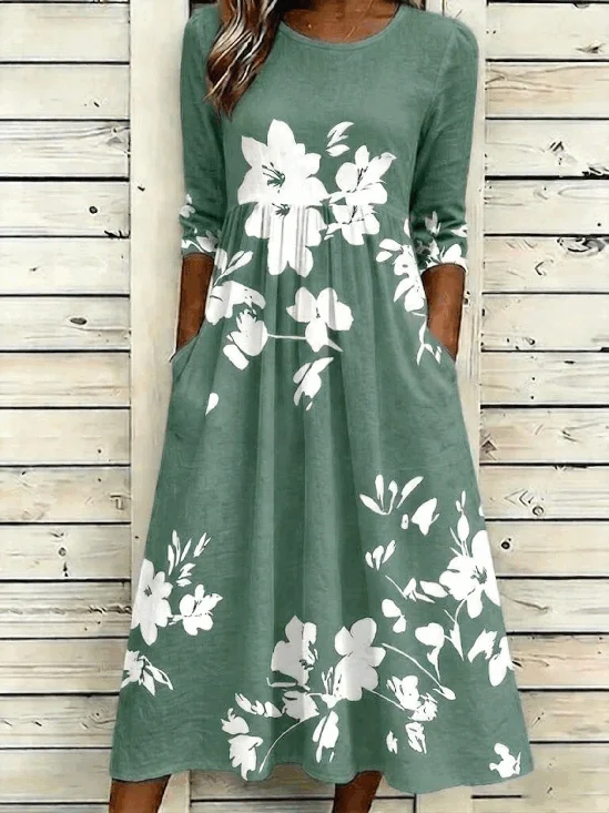 Women Floral Summer Dress Crew
                                    Neck Half Sleeve H-Line Dress