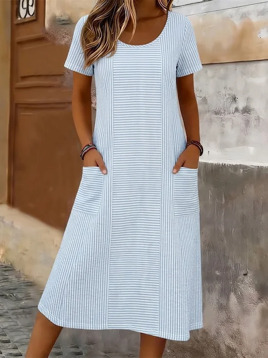 Women Striped Summer Printing Dress Crew Neck Short Sleeve T-Shirt Dress H-Line Dress
