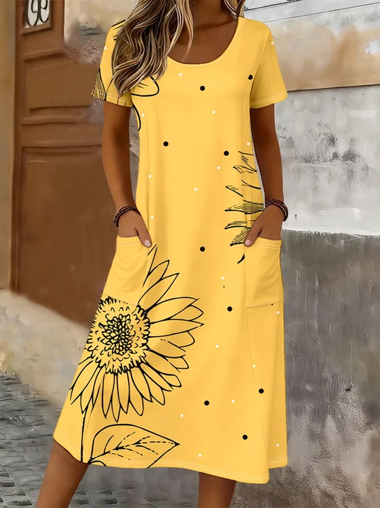 Women Floral Summer Printing Dress Crew Neck Short Sleeve T-Shirt Dress H-Line Dress