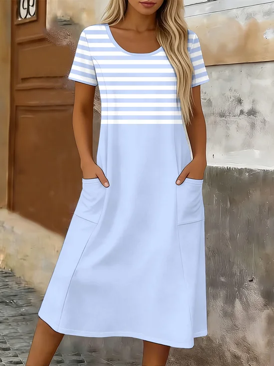 Women Striped Summer Printing Dress Crew Neck Short Sleeve T-Shirt Dress H-Line Dress