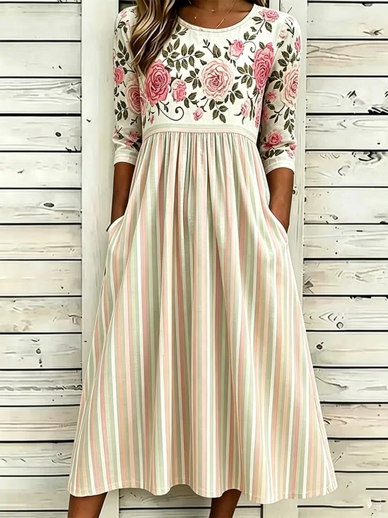 Women Floral Summer Printing
                                    Dress Crew Neck Half Sleeve H-Line
                                    Dress