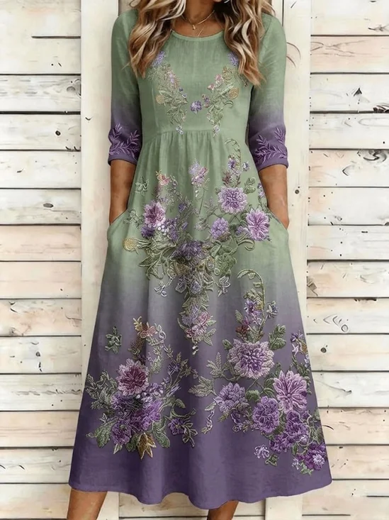 Women Floral Summer Dress Crew
                                    Neck Half Sleeve H-Line Dress