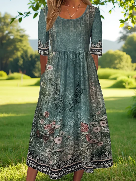 Women Floral Summer Printing
                                    Dress Crew Neck Half Sleeve H-Line
                                    Dress