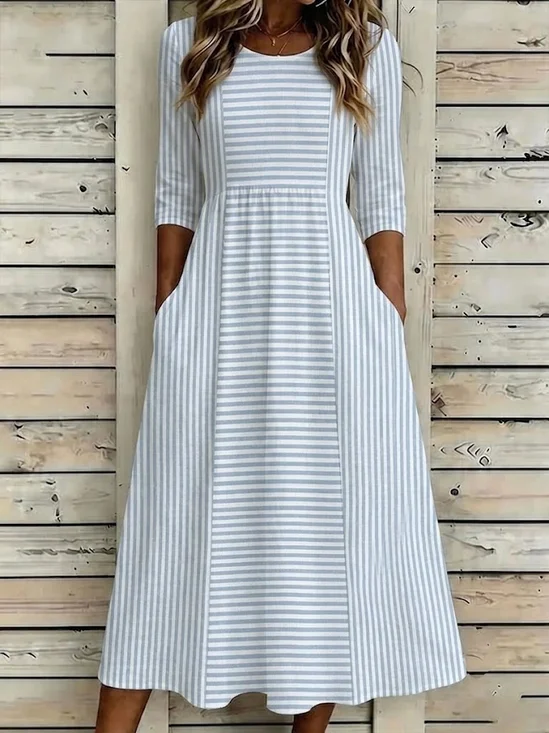 Women Striped Summer Printing
                                    Dress Crew Neck Half Sleeve H-Line
                                    Dress