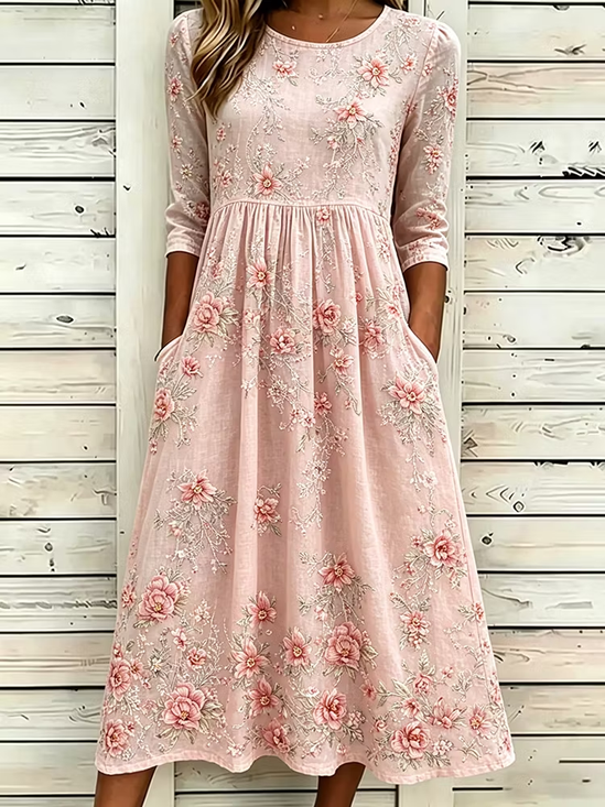 Women Floral Summer Printing
                                    Dress Crew Neck Half Sleeve H-Line
                                    Dress