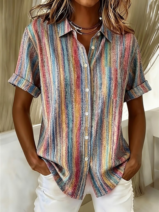 Shirt Collar Short Sleeve Abstract Stripes Printing Regular Micro-Elasticity Loose Button Up Shirt Shirt For Women