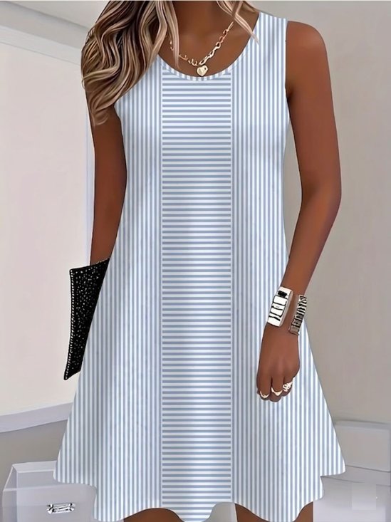 Women Striped Summer Dress Half Open Collar Sleeveless Fit & Flare Dress A-Line Dress