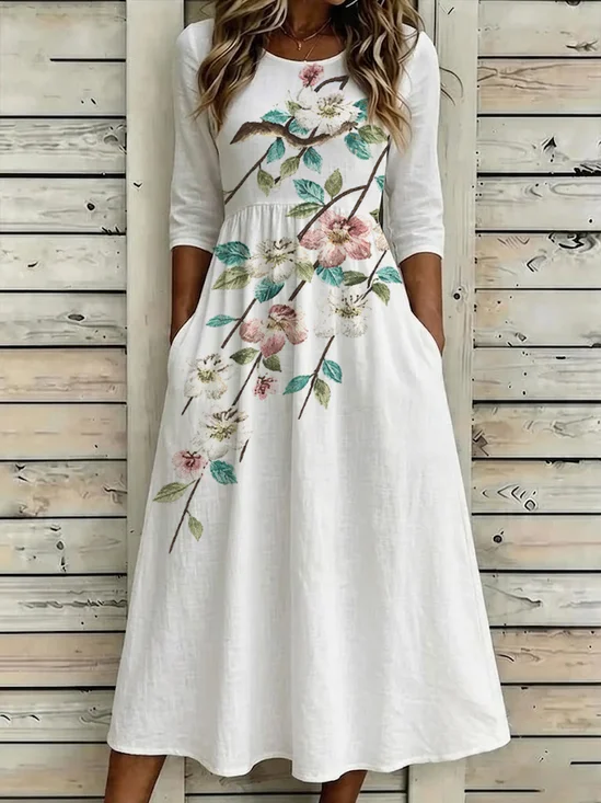 Women Floral Summer Printing
                                    Dress Crew Neck Half Sleeve H-Line
                                    Dress