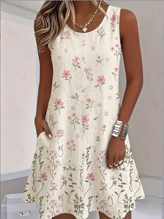 Women Floral Summer Dress Half Open Collar Sleeveless Fit & Flare Dress A-Line Dress