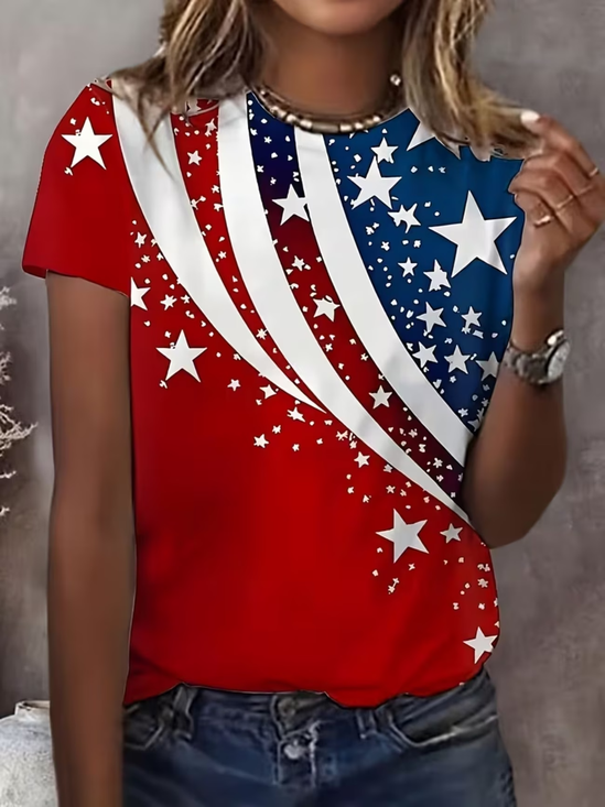 Casual Independence Day (Flag) Crew Neck Short Sleeve T-shirt