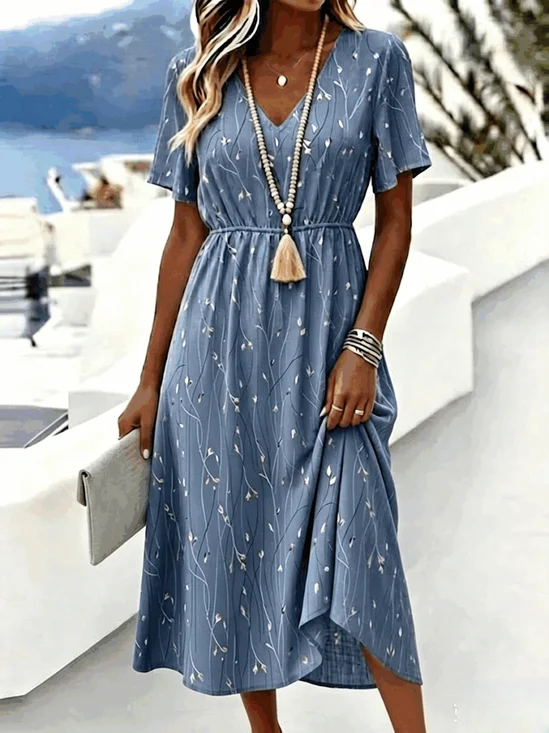 Women Floral Summer Dress V
                                    Neck Short Sleeve A-Line Dress