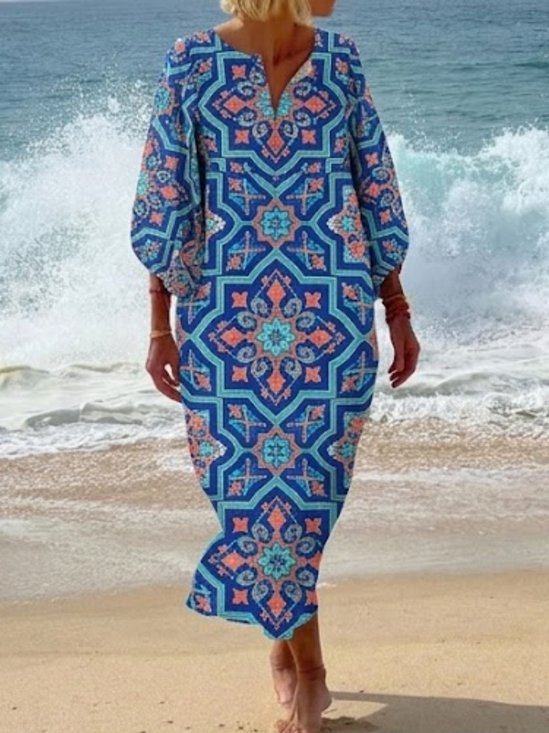 Women Geometric Spring/Fall Dress Half Open Collar Three Quarter Sleeve Beach Dress H-Line Dress