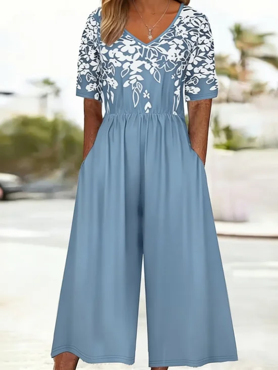 Women Floral V Neck Half Sleeve Casual Summer Jumpsuit