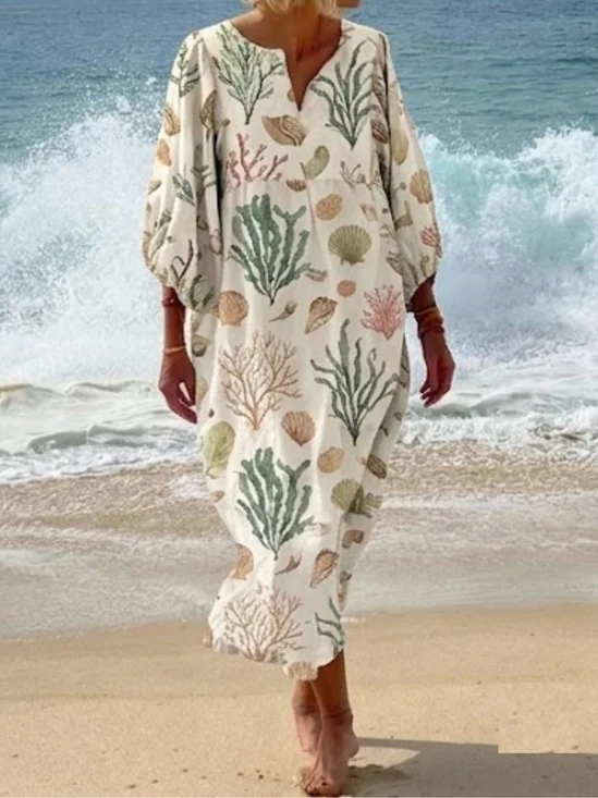 Women Marine Life Spring/Fall Dress Half Open Collar Three Quarter Sleeve Beach Dress H-Line Dress