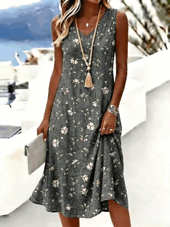 Women Floral Summer Dress V
                                    Neck Sleeveless Tank A-Line Dress