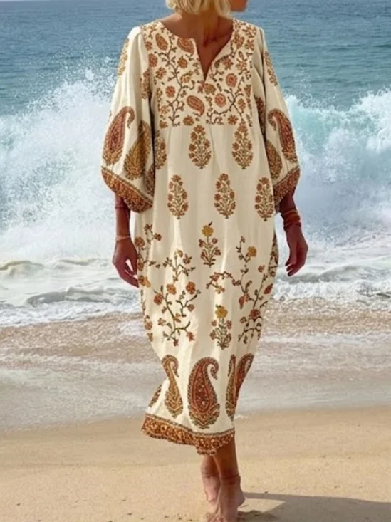 Women Floral Spring/Fall Dress Half Open Collar Three Quarter Sleeve Beach Dress H-Line Dress