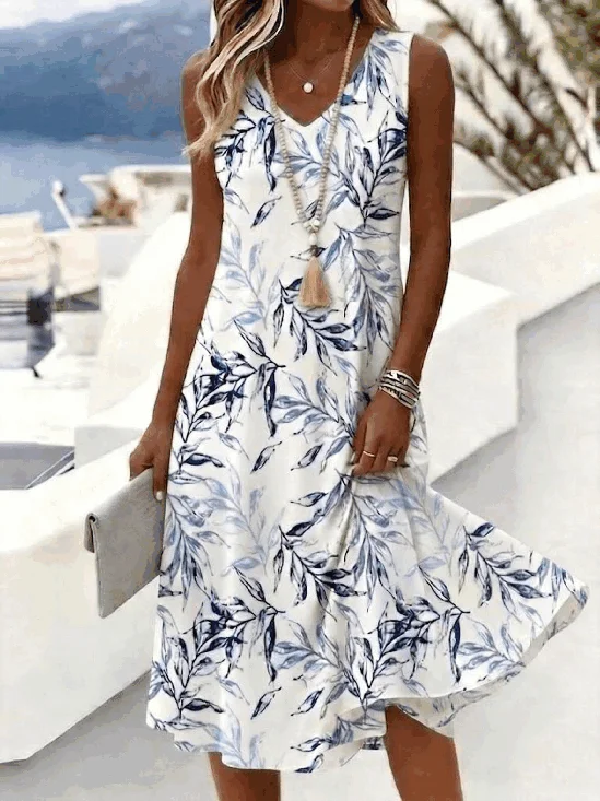 Women Leaf Summer Dress V Neck
                                    Sleeveless Tank A-Line Dress