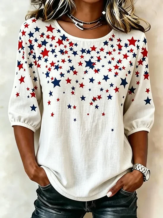 Independence Day Crew Neck Half Sleeve Star Printing Regular Blouse For Women