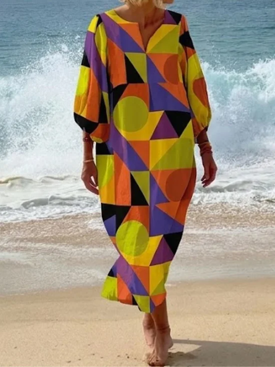 Women Geometric Spring/Fall Dress Half Open Collar Three Quarter Sleeve Beach Dress H-Line Dress