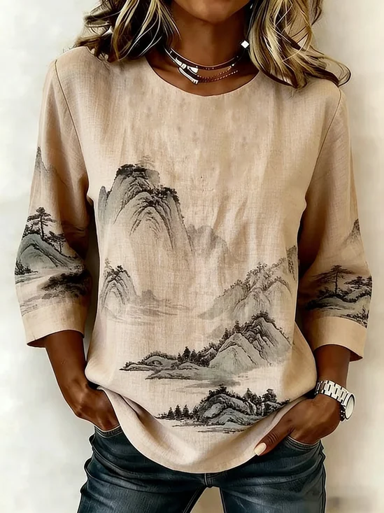 Crew Neck Half Sleeve Landscape Painting Printing Regular Micro-Elasticity Regular Fit Blouse For Women
