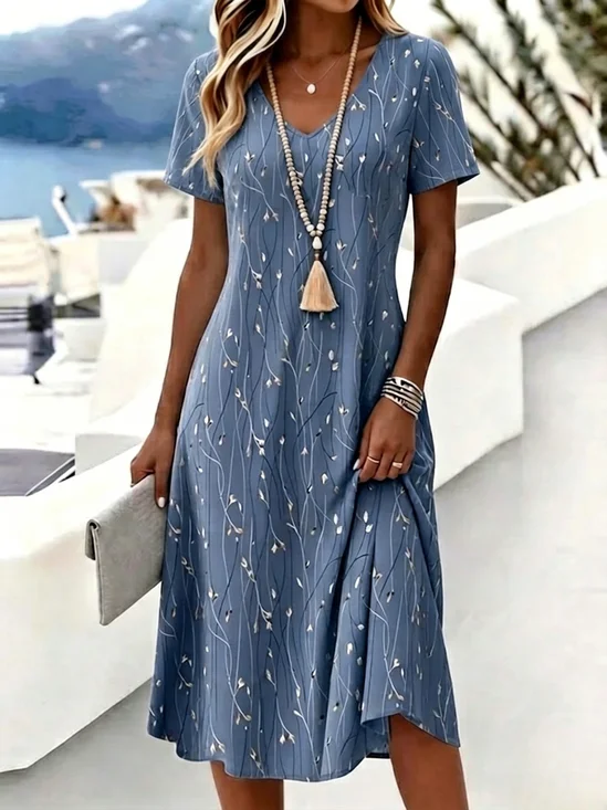 Women Floral Summer Dress V Neck Short Sleeve Fit & Flare Dress A-Line Dress