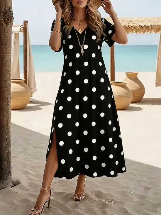 Women Polka Dots Summer Printing Dress Crew Neck Short Sleeve T-Shirt Dress H-Line Dress